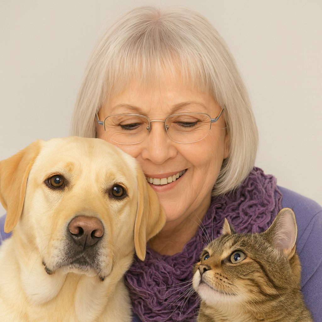 Vicki with a Labrador and tabby kitten